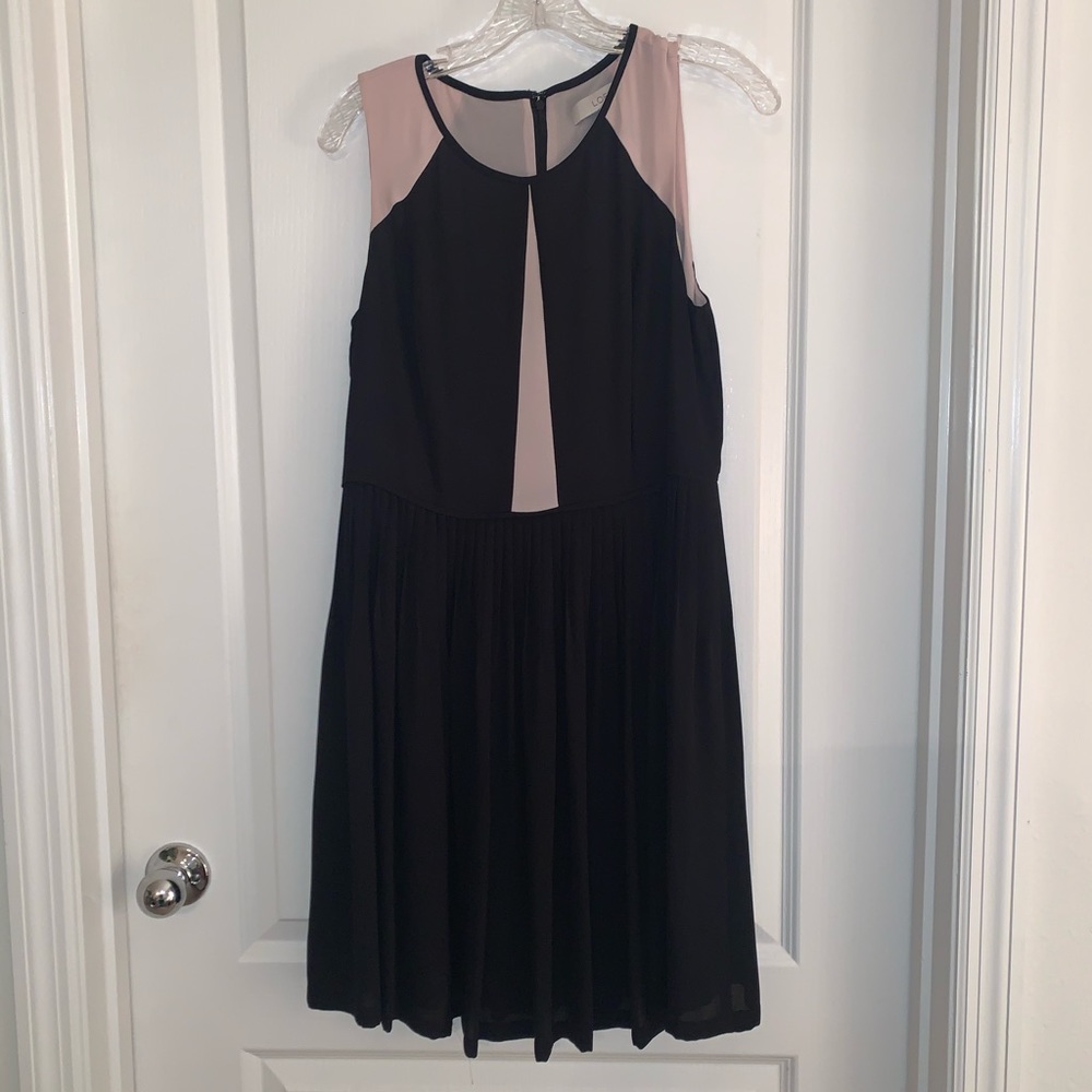 Loft Fit and Flare crepe dress. Black & pink.